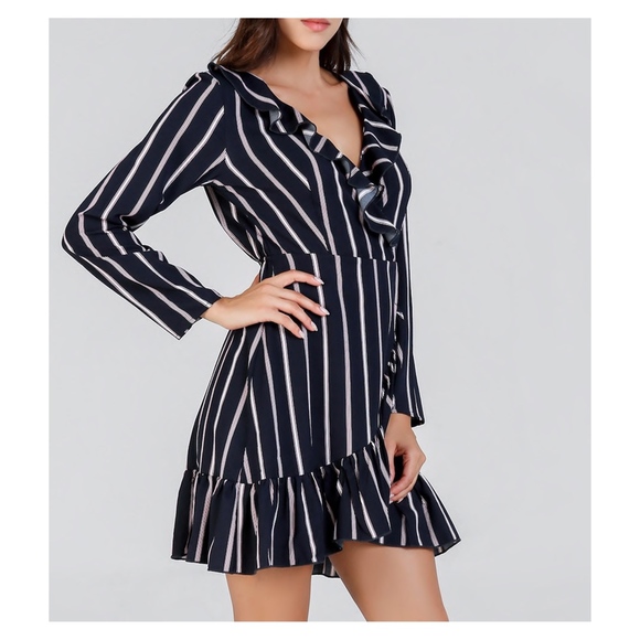 Blue Striped Fit and Flare Ruffle Wrap Dress - Picture 5 of 15